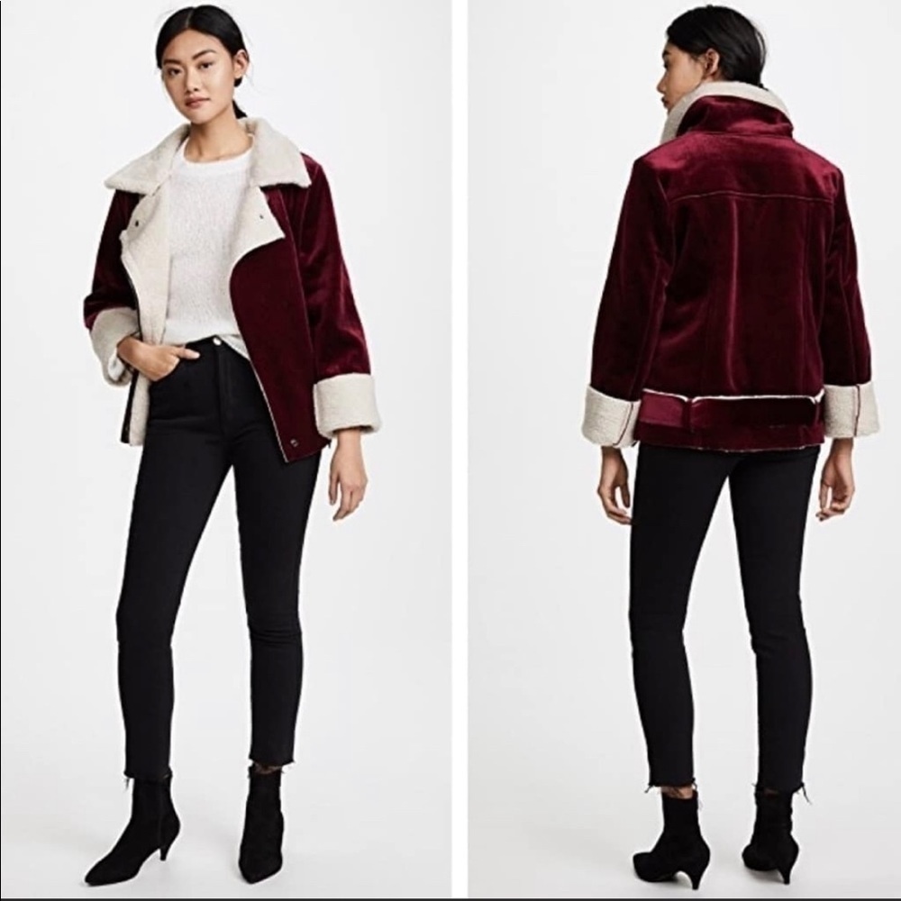 J.O.A red wine velvet Sherpa lined Moto jacket